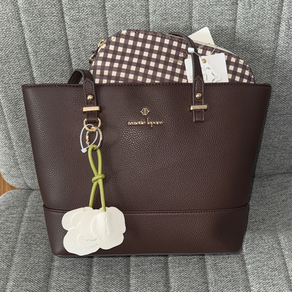 Nanette Lepore Dark Brown Tote with White Floral Charm and Green Cord